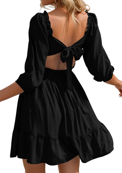 HOGHOW Womens Tie Back Summer Dress Square Neck Long Lantern Sleeve Off Shoulder A-Line Casual Mini Dresses