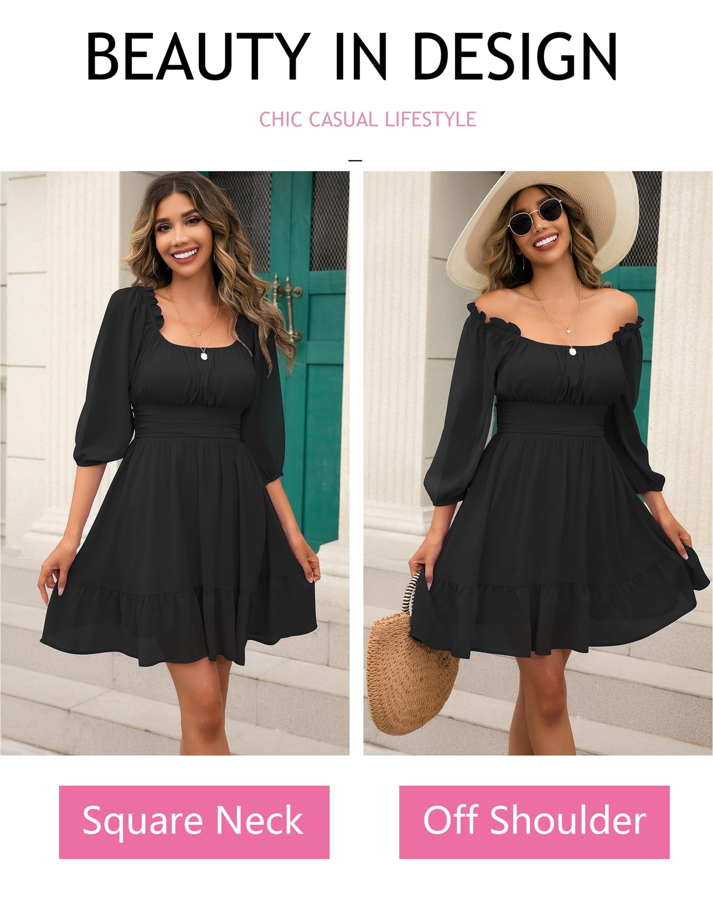 HOGHOW Womens Tie Back Summer Dress Square Neck Long Lantern Sleeve Off Shoulder A-Line Casual Mini Dresses