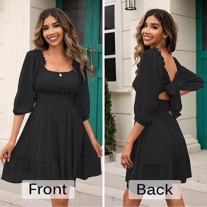 HOGHOW Womens Tie Back Summer Dress Square Neck Long Lantern Sleeve Off Shoulder A-Line Casual Mini Dresses