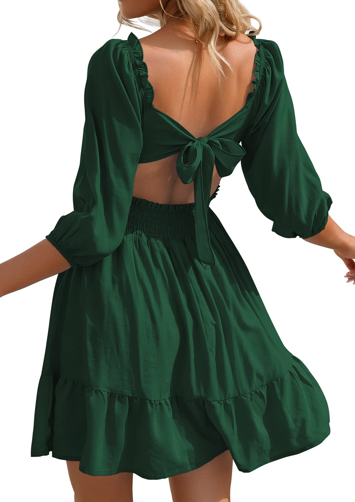 HOGHOW Womens Tie Back Summer Dress Square Neck Long Lantern Sleeve Off Shoulder A-Line Casual Mini Dresses