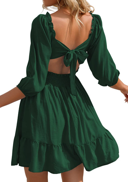 HOGHOW Womens Tie Back Summer Dress Square Neck Long Lantern Sleeve Off Shoulder A-Line Casual Mini Dresses