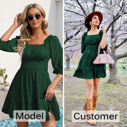 HOGHOW Womens Tie Back Summer Dress Square Neck Long Lantern Sleeve Off Shoulder A-Line Casual Mini Dresses