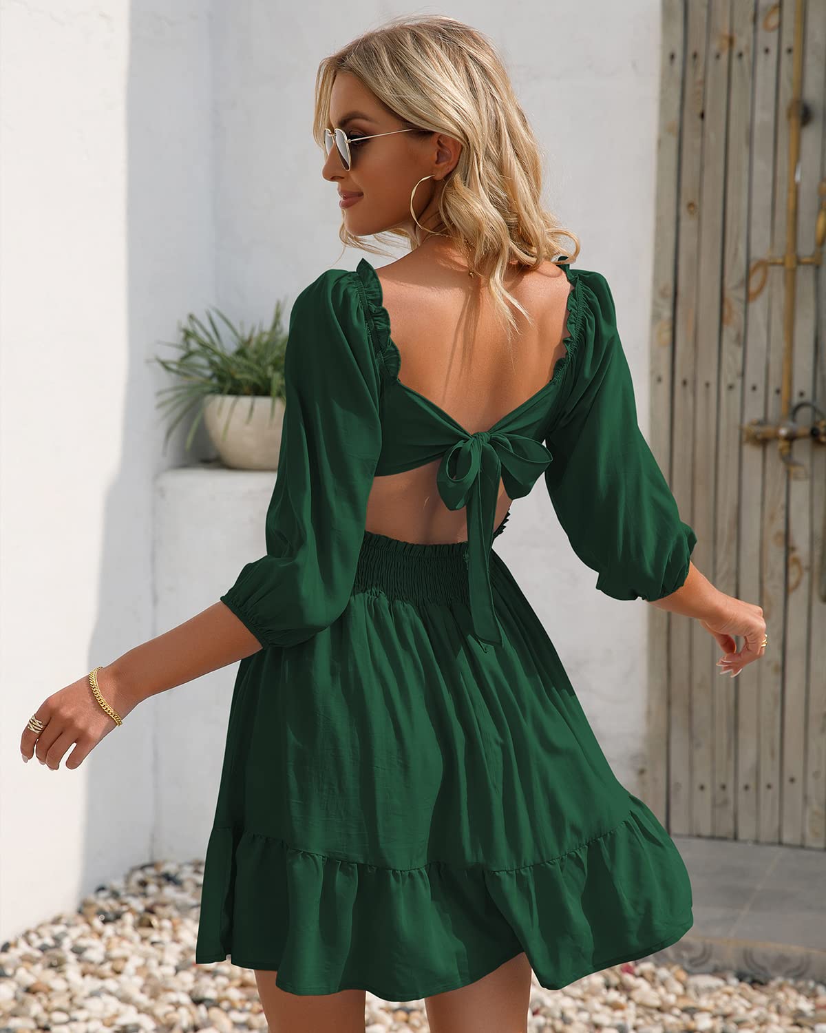 HOGHOW Womens Tie Back Summer Dress Square Neck Long Lantern Sleeve Off Shoulder A-Line Casual Mini Dresses