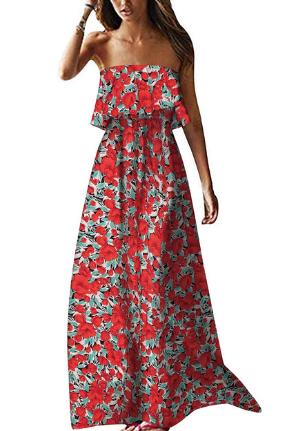 HOGHOW Women's Summer Off The Shoulder Maxi Dress Ruffle Strapless Blue White Porcelain Boho Casual Loose Long Dress