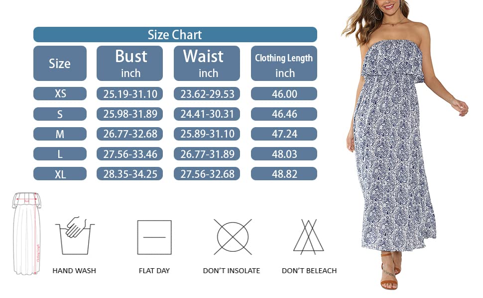 HOGHOW Women's Summer Off The Shoulder Maxi Dress Ruffle Strapless Blue White Porcelain Boho Casual Loose Long Dress
