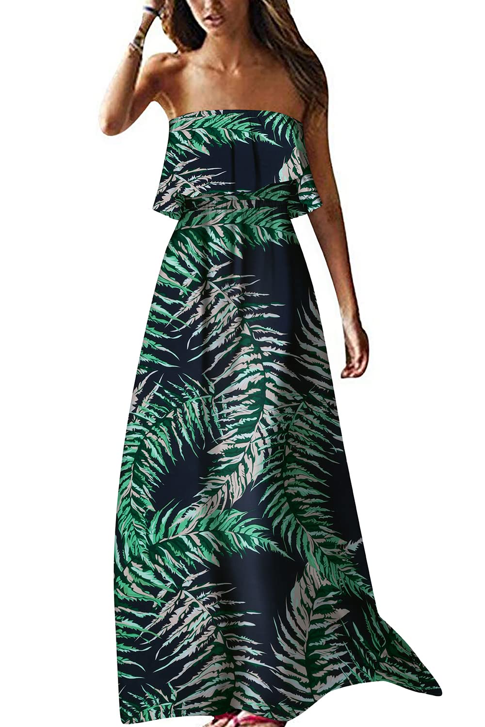 HOGHOW Women's Summer Off The Shoulder Maxi Dress Ruffle Strapless Blue White Porcelain Boho Casual Loose Long Dress