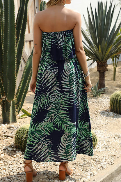 HOGHOW Women's Summer Off The Shoulder Maxi Dress Ruffle Strapless Blue White Porcelain Boho Casual Loose Long Dress