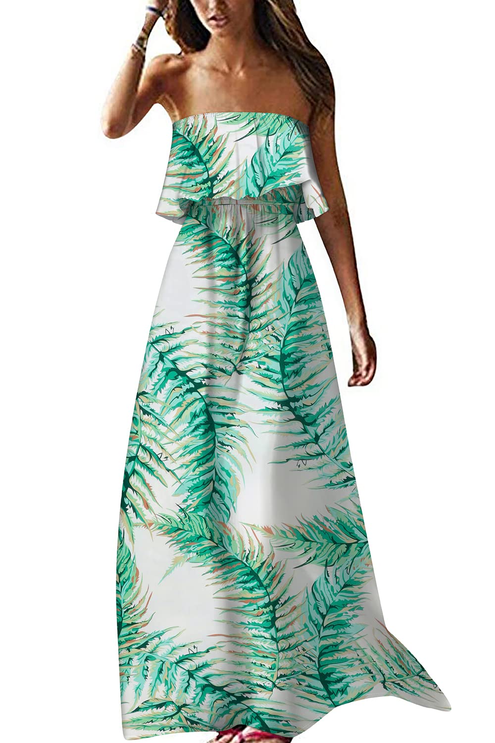 HOGHOW Women's Summer Off The Shoulder Maxi Dress Ruffle Strapless Blue White Porcelain Boho Casual Loose Long Dress