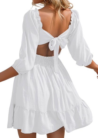 HOGHOW Womens Tie Back Summer Dress Square Neck Long Lantern Sleeve Off Shoulder A-Line Casual Mini Dresses