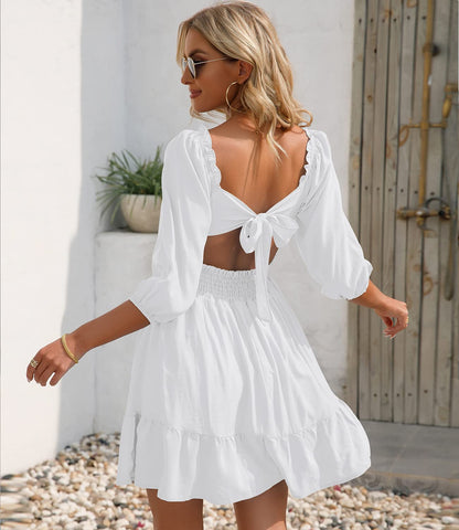 HOGHOW Womens Tie Back Summer Dress Square Neck Long Lantern Sleeve Off Shoulder A-Line Casual Mini Dresses