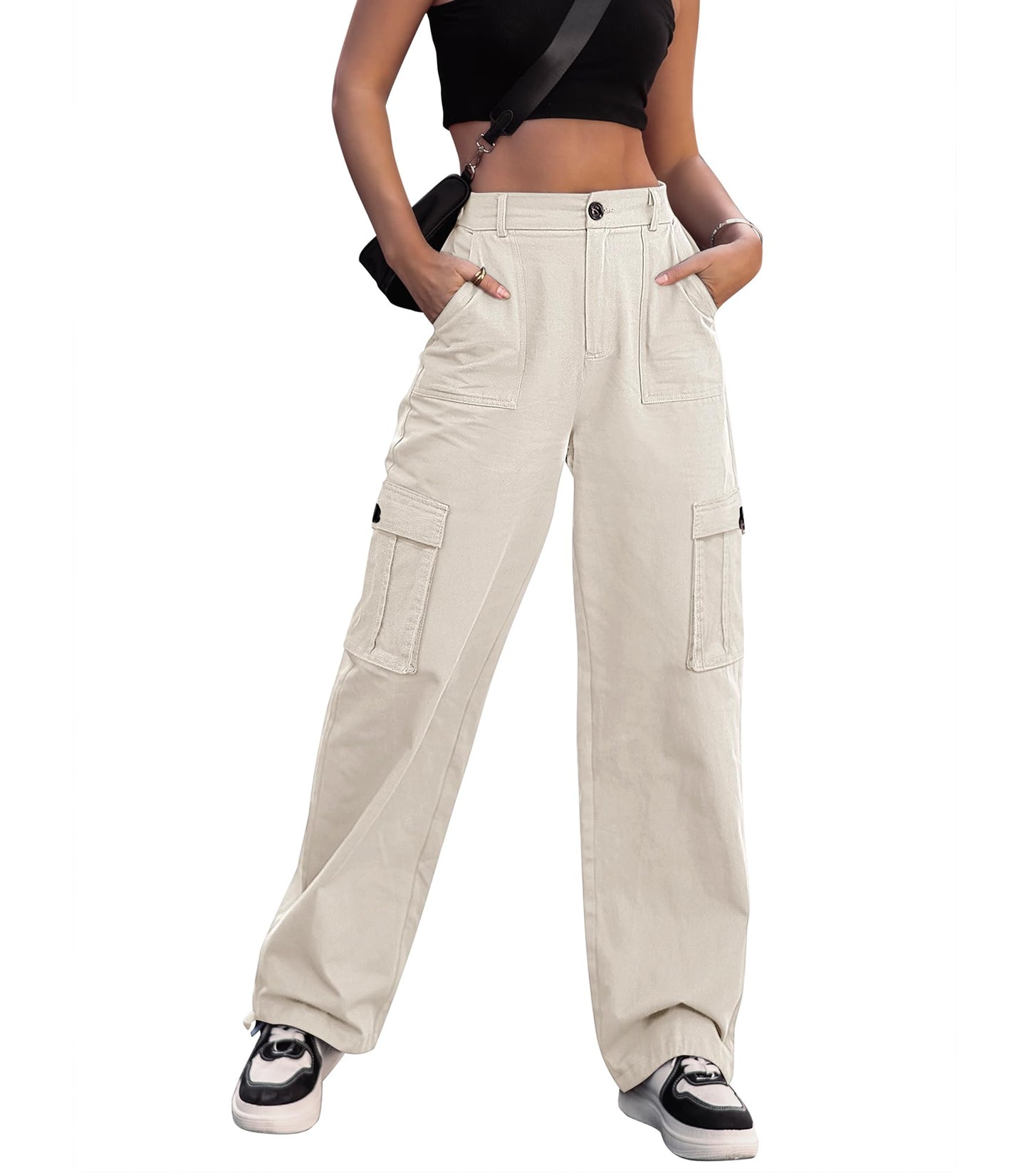HOGHOW Women High Waisted Cargo Pants Wide Leg Casual Pants 6 Pockets Combat Military Trousers