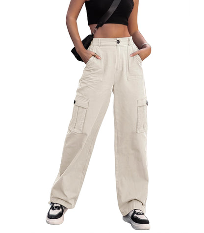 HOGHOW Women High Waisted Cargo Pants Wide Leg Casual Pants 6 Pockets Combat Military Trousers