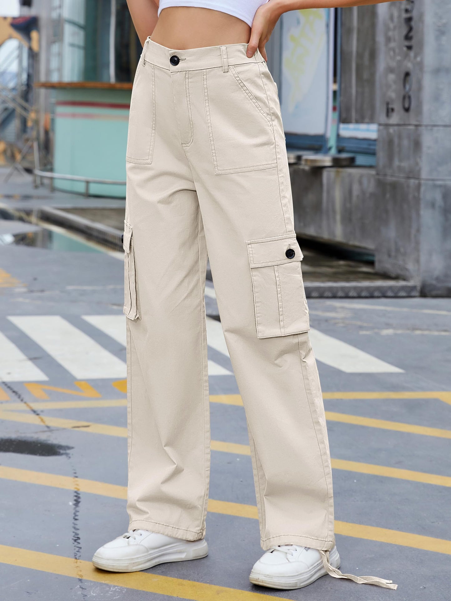 HOGHOW Women High Waisted Cargo Pants Wide Leg Casual Pants 6 Pockets Combat Military Trousers