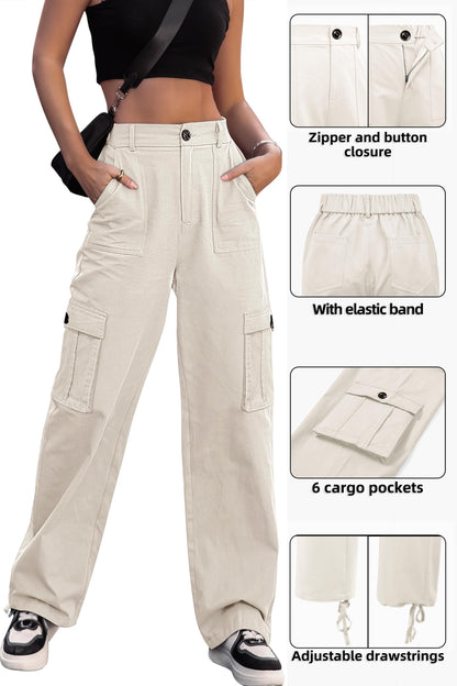HOGHOW Women High Waisted Cargo Pants Wide Leg Casual Pants 6 Pockets Combat Military Trousers
