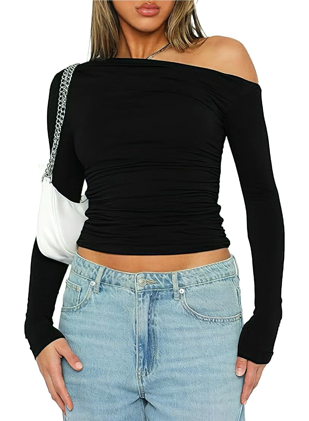 HOGHOW Womens Long Sleeve Off The Shoulder Tops Going Out Crop Tops Casual Y2K Slim Fit T Shirts