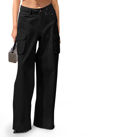 HOGHOW Womens Cargo Jeans High Waisted Wide Leg Baggy Denim Cargo Pants Flap Pocket Y2K Streetwear Casual Trousers