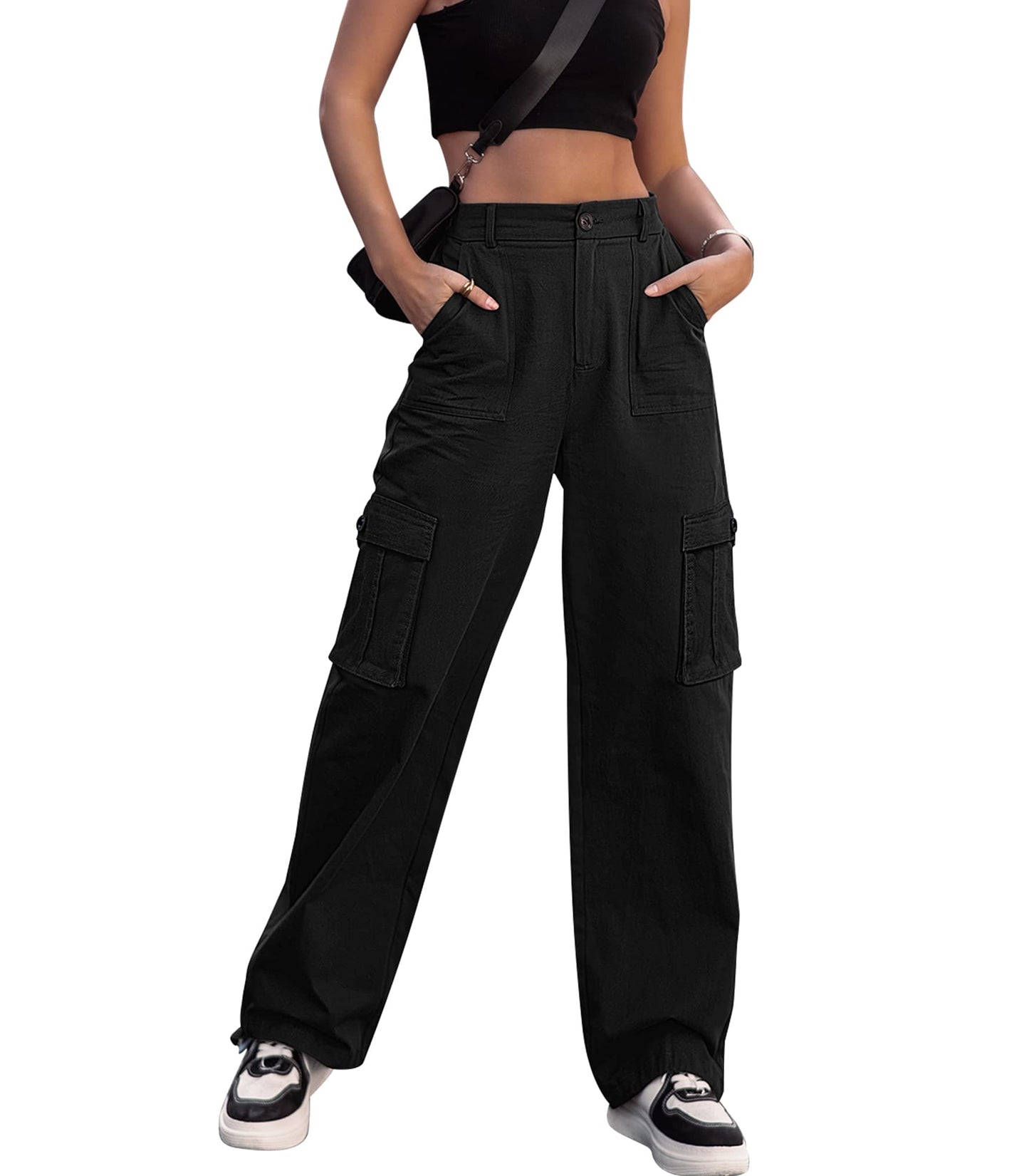 HOGHOW Women High Waisted Cargo Pants Wide Leg Casual Pants 6 Pockets Combat Military Trousers