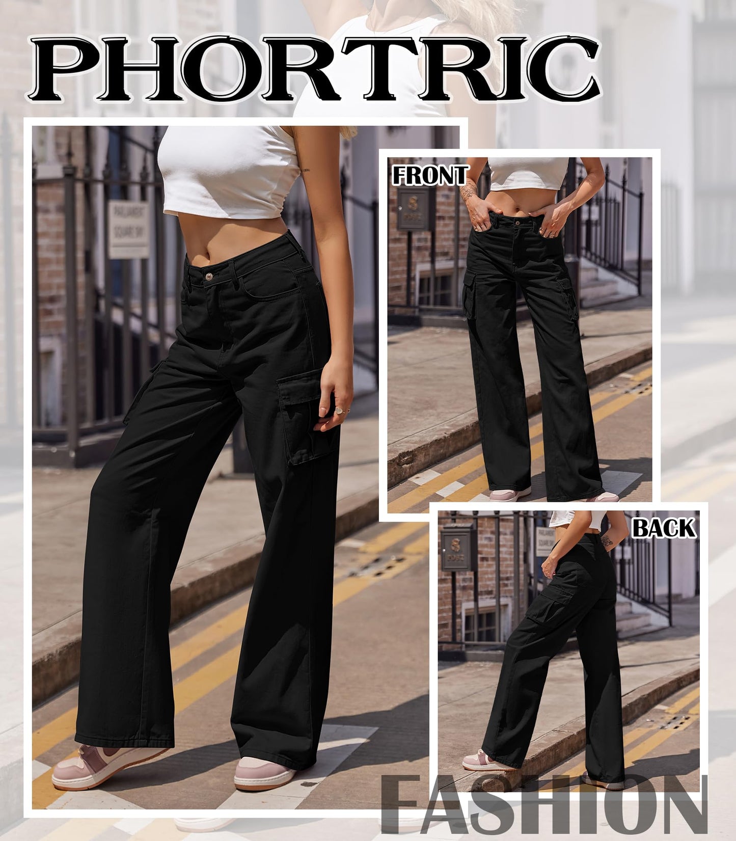 HOGHOW Womens Cargo Jeans High Waisted Wide Leg Baggy Denim Cargo Pants Flap Pocket Y2K Streetwear Casual Trousers