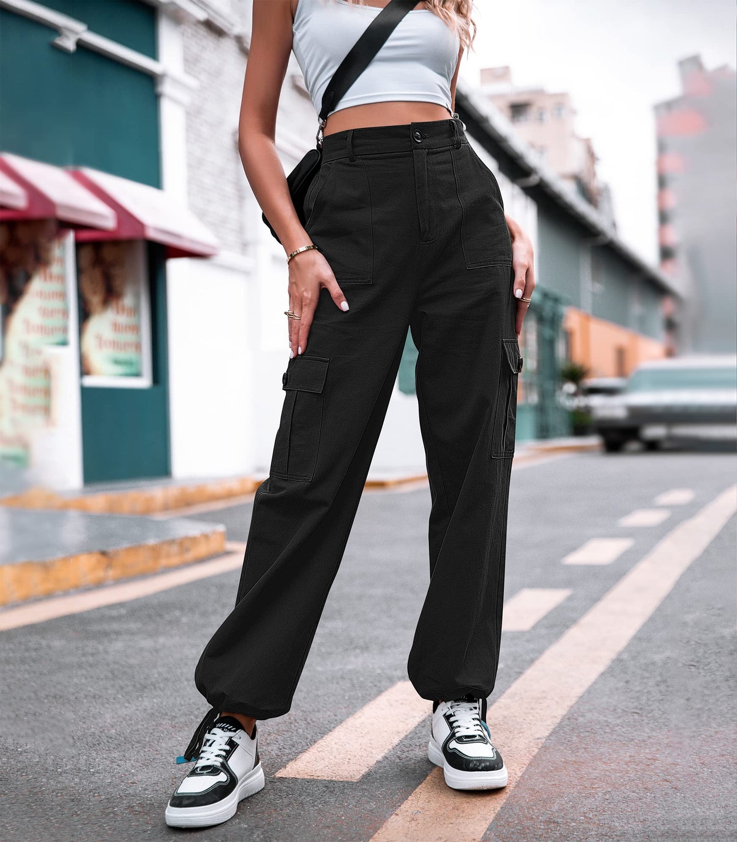 HOGHOW Women High Waisted Cargo Pants Wide Leg Casual Pants 6 Pockets Combat Military Trousers