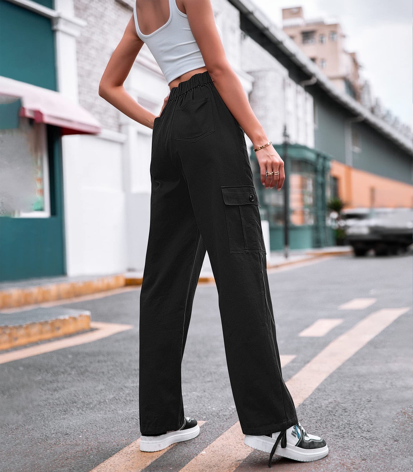 HOGHOW Women High Waisted Cargo Pants Wide Leg Casual Pants 6 Pockets Combat Military Trousers