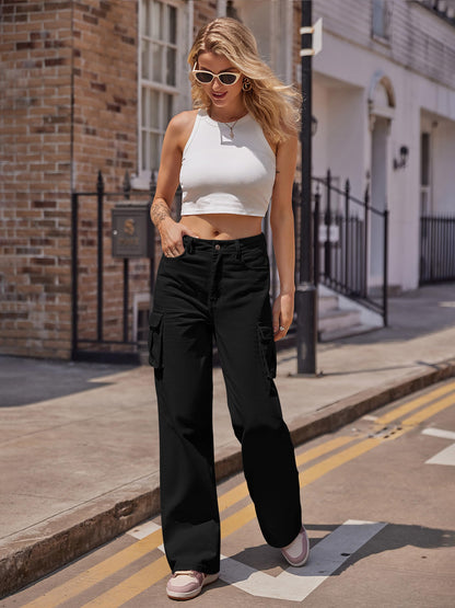 HOGHOW Womens Cargo Jeans High Waisted Wide Leg Baggy Denim Cargo Pants Flap Pocket Y2K Streetwear Casual Trousers