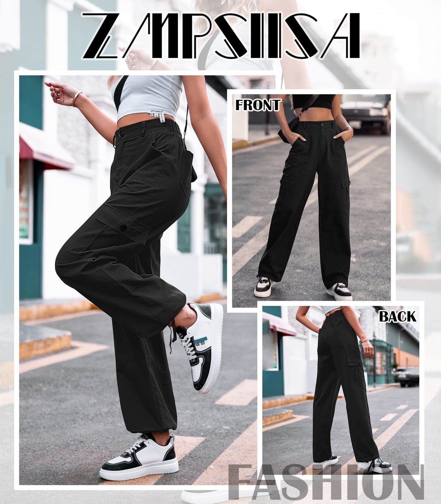 HOGHOW Women High Waisted Cargo Pants Wide Leg Casual Pants 6 Pockets Combat Military Trousers