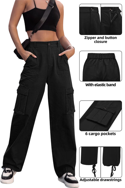 HOGHOW Women High Waisted Cargo Pants Wide Leg Casual Pants 6 Pockets Combat Military Trousers