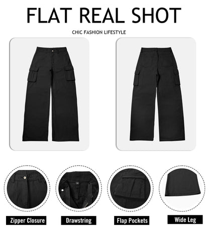 HOGHOW Womens Cargo Jeans High Waisted Wide Leg Baggy Denim Cargo Pants Flap Pocket Y2K Streetwear Casual Trousers