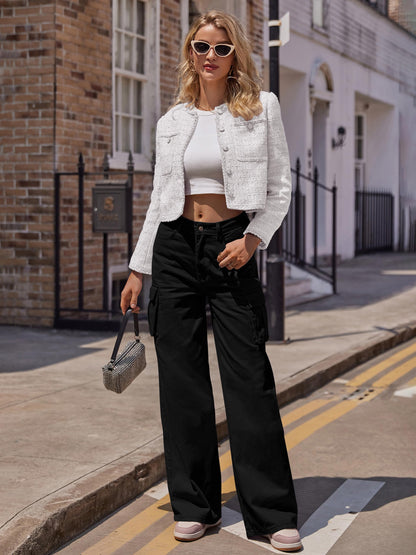 HOGHOW Womens Cargo Jeans High Waisted Wide Leg Baggy Denim Cargo Pants Flap Pocket Y2K Streetwear Casual Trousers
