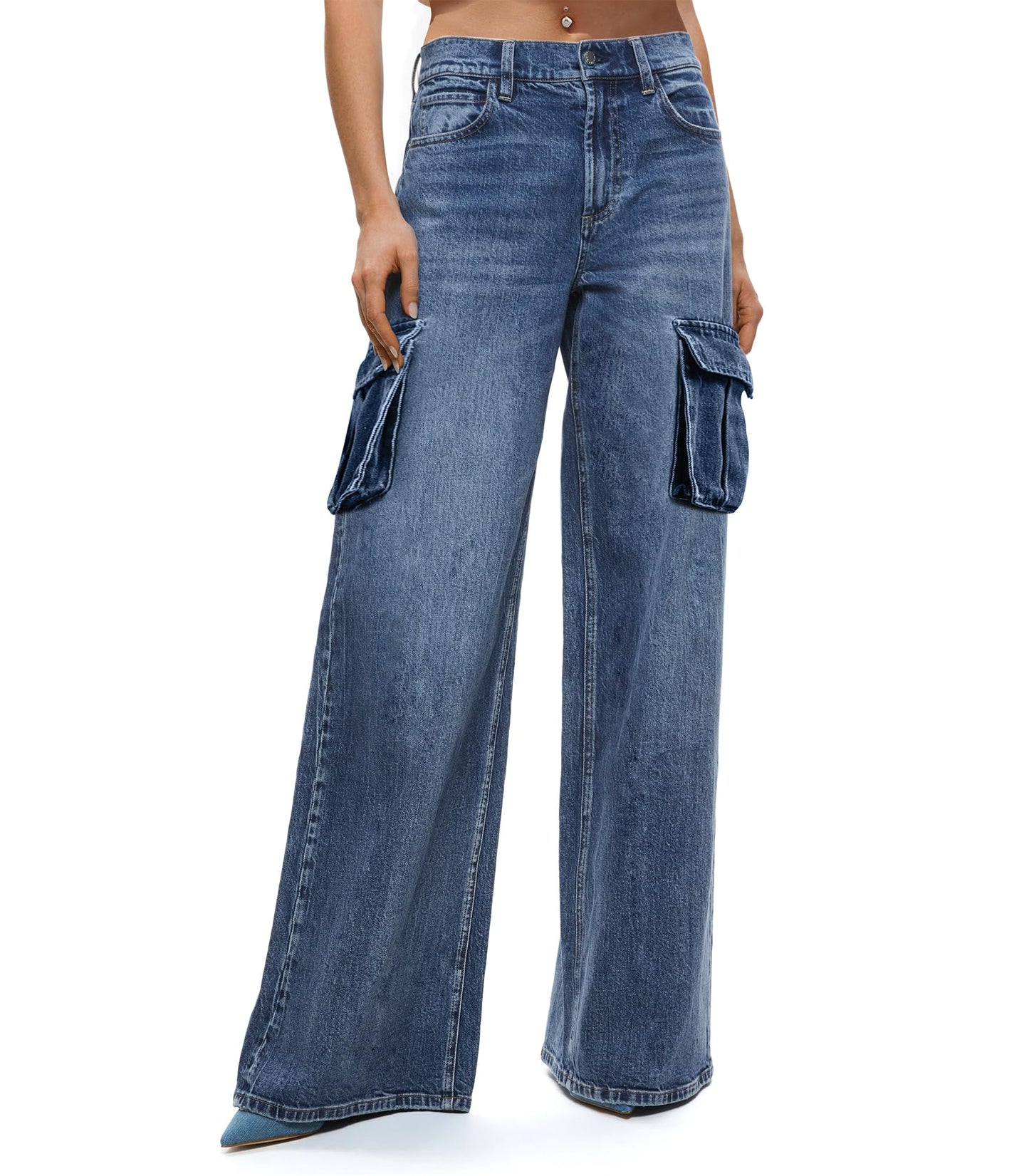 HOGHOW Womens Cargo Jeans High Waisted Wide Leg Baggy Denim Cargo Pants Flap Pocket Y2K Streetwear Casual Trousers