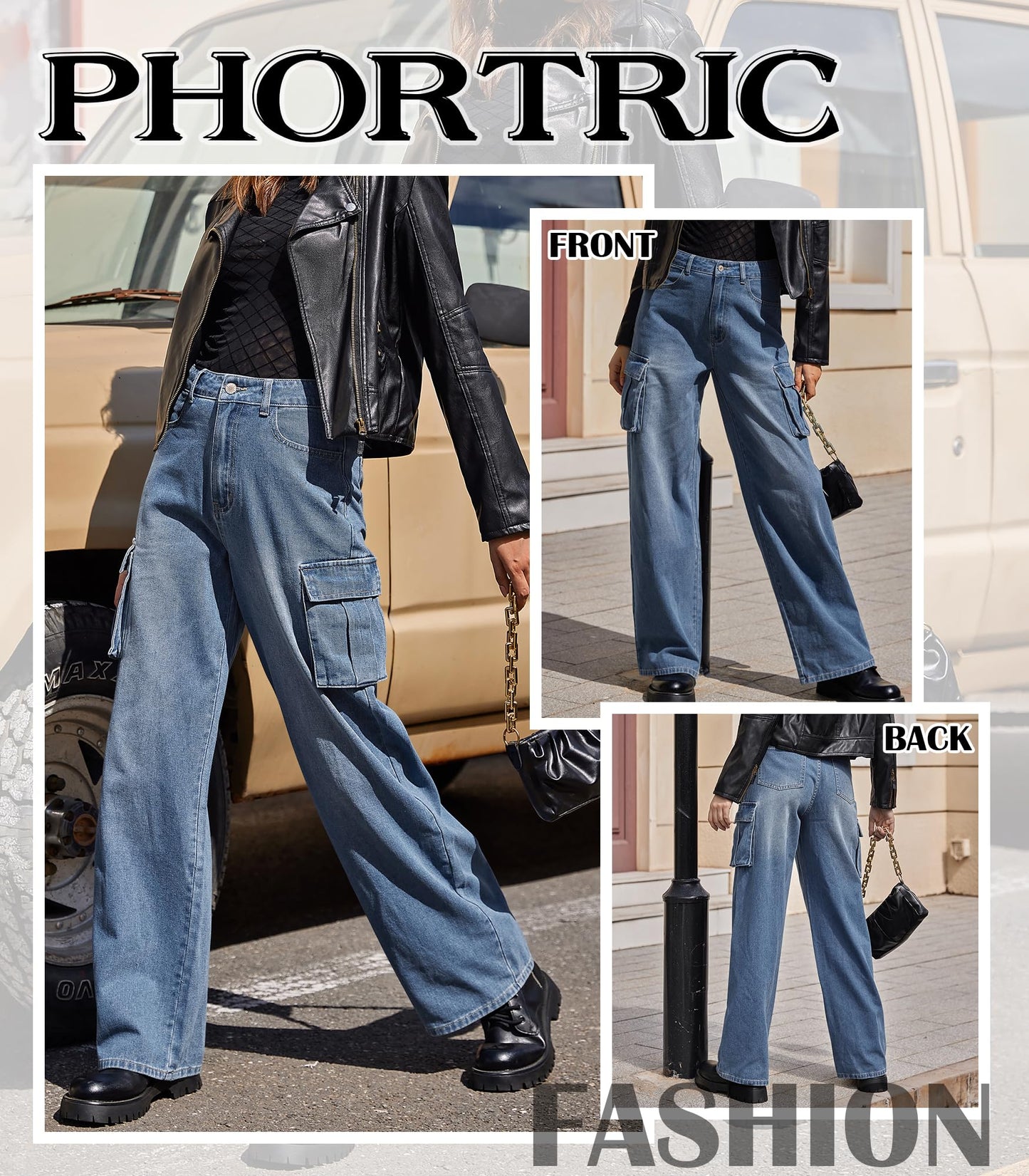 HOGHOW Womens Cargo Jeans High Waisted Wide Leg Baggy Denim Cargo Pants Flap Pocket Y2K Streetwear Casual Trousers