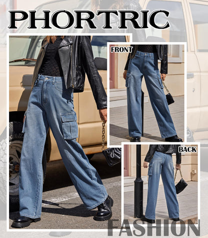 HOGHOW Womens Cargo Jeans High Waisted Wide Leg Baggy Denim Cargo Pants Flap Pocket Y2K Streetwear Casual Trousers