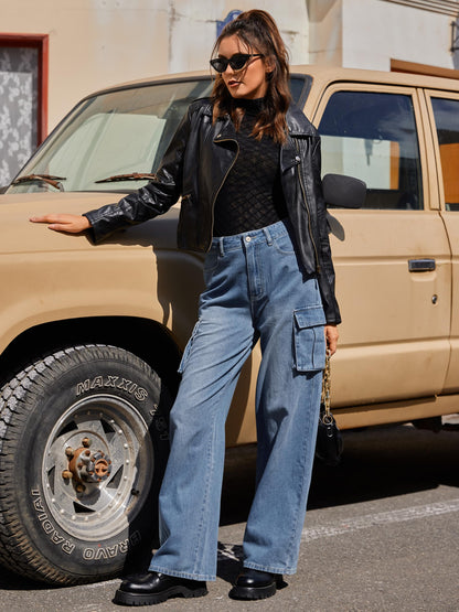 HOGHOW Womens Cargo Jeans High Waisted Wide Leg Baggy Denim Cargo Pants Flap Pocket Y2K Streetwear Casual Trousers