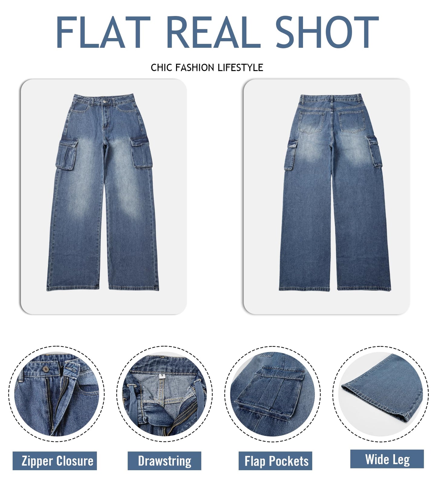 HOGHOW Womens Cargo Jeans High Waisted Wide Leg Baggy Denim Cargo Pants Flap Pocket Y2K Streetwear Casual Trousers