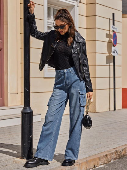 HOGHOW Womens Cargo Jeans High Waisted Wide Leg Baggy Denim Cargo Pants Flap Pocket Y2K Streetwear Casual Trousers