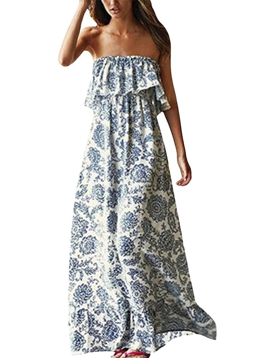 HOGHOW Women's Summer Off The Shoulder Maxi Dress Ruffle Strapless Blue White Porcelain Boho Casual Loose Long Dress