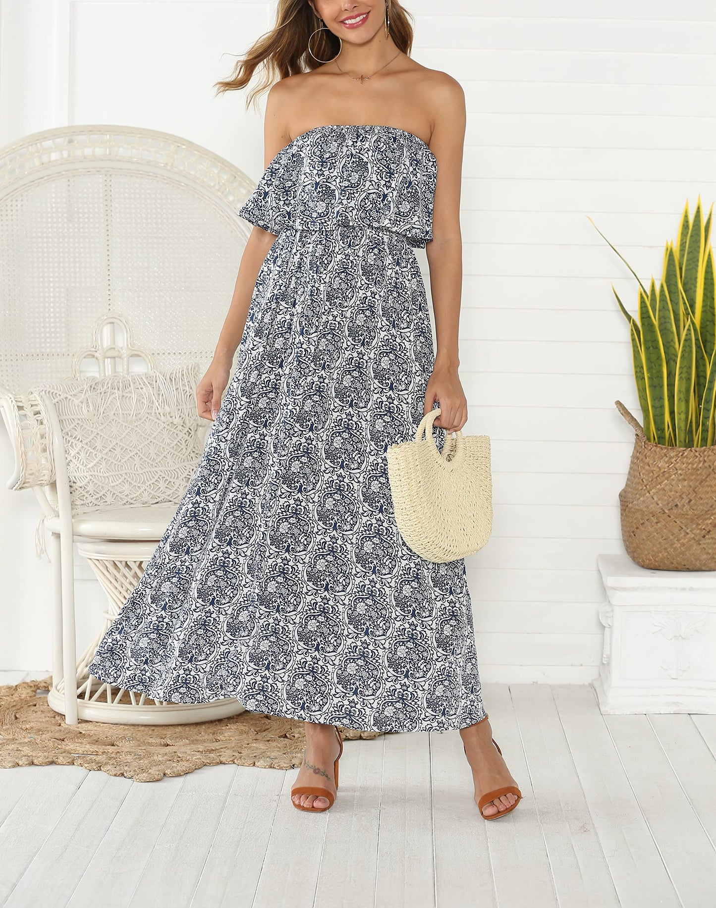HOGHOW Women's Summer Off The Shoulder Maxi Dress Ruffle Strapless Blue White Porcelain Boho Casual Loose Long Dress