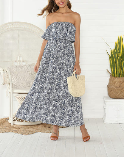 HOGHOW Women's Summer Off The Shoulder Maxi Dress Ruffle Strapless Blue White Porcelain Boho Casual Loose Long Dress