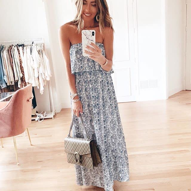 HOGHOW Women's Summer Off The Shoulder Maxi Dress Ruffle Strapless Blue White Porcelain Boho Casual Loose Long Dress