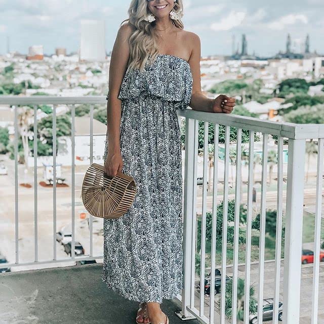 HOGHOW Women's Summer Off The Shoulder Maxi Dress Ruffle Strapless Blue White Porcelain Boho Casual Loose Long Dress