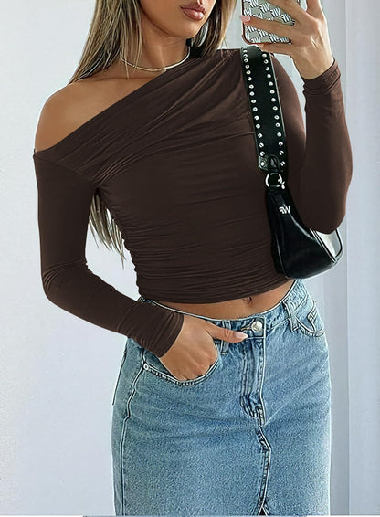 HOGHOW Womens Long Sleeve Off The Shoulder Tops Going Out Crop Tops Casual Y2K Slim Fit T Shirts
