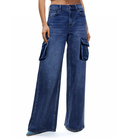 HOGHOW Womens Cargo Jeans High Waisted Wide Leg Baggy Denim Cargo Pants Flap Pocket Y2K Streetwear Casual Trousers