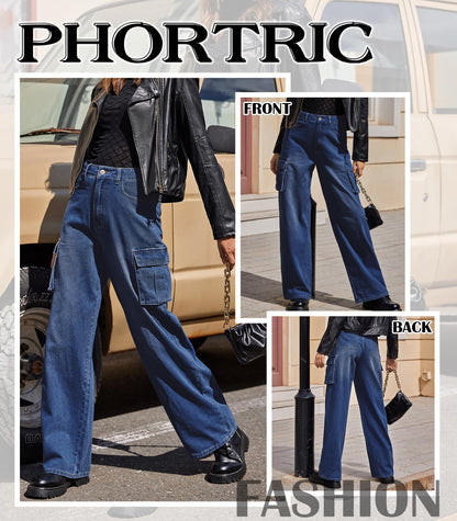 HOGHOW Womens Cargo Jeans High Waisted Wide Leg Baggy Denim Cargo Pants Flap Pocket Y2K Streetwear Casual Trousers
