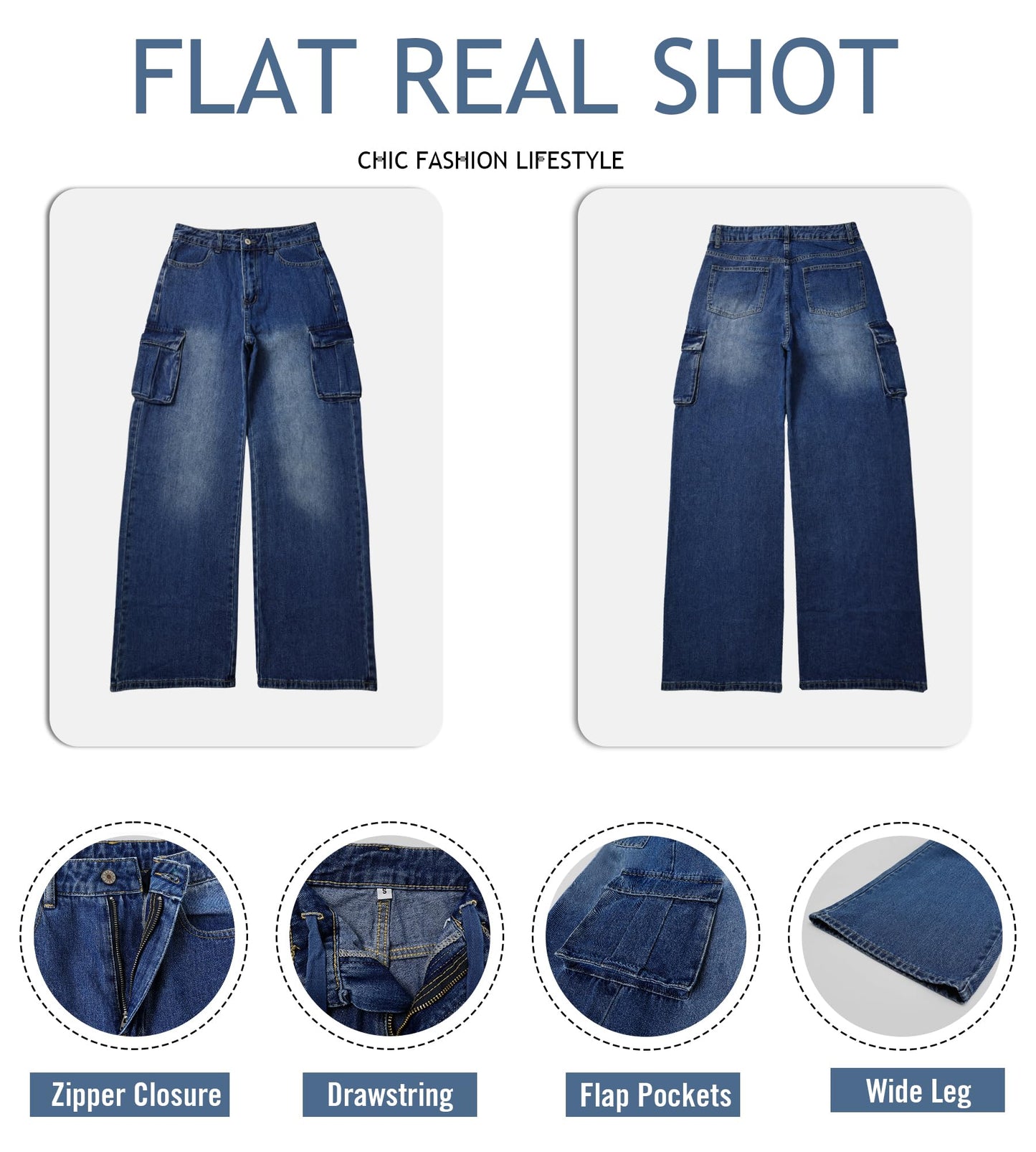HOGHOW Womens Cargo Jeans High Waisted Wide Leg Baggy Denim Cargo Pants Flap Pocket Y2K Streetwear Casual Trousers