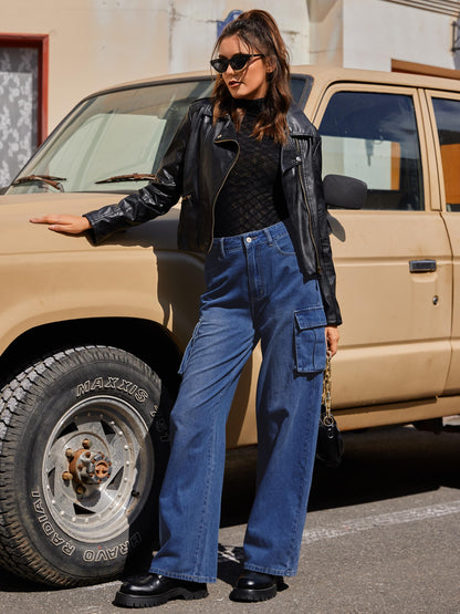 HOGHOW Womens Cargo Jeans High Waisted Wide Leg Baggy Denim Cargo Pants Flap Pocket Y2K Streetwear Casual Trousers