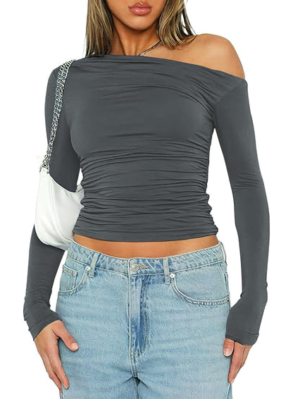 HOGHOW Womens Long Sleeve Off The Shoulder Tops Going Out Crop Tops Casual Y2K Slim Fit T Shirts