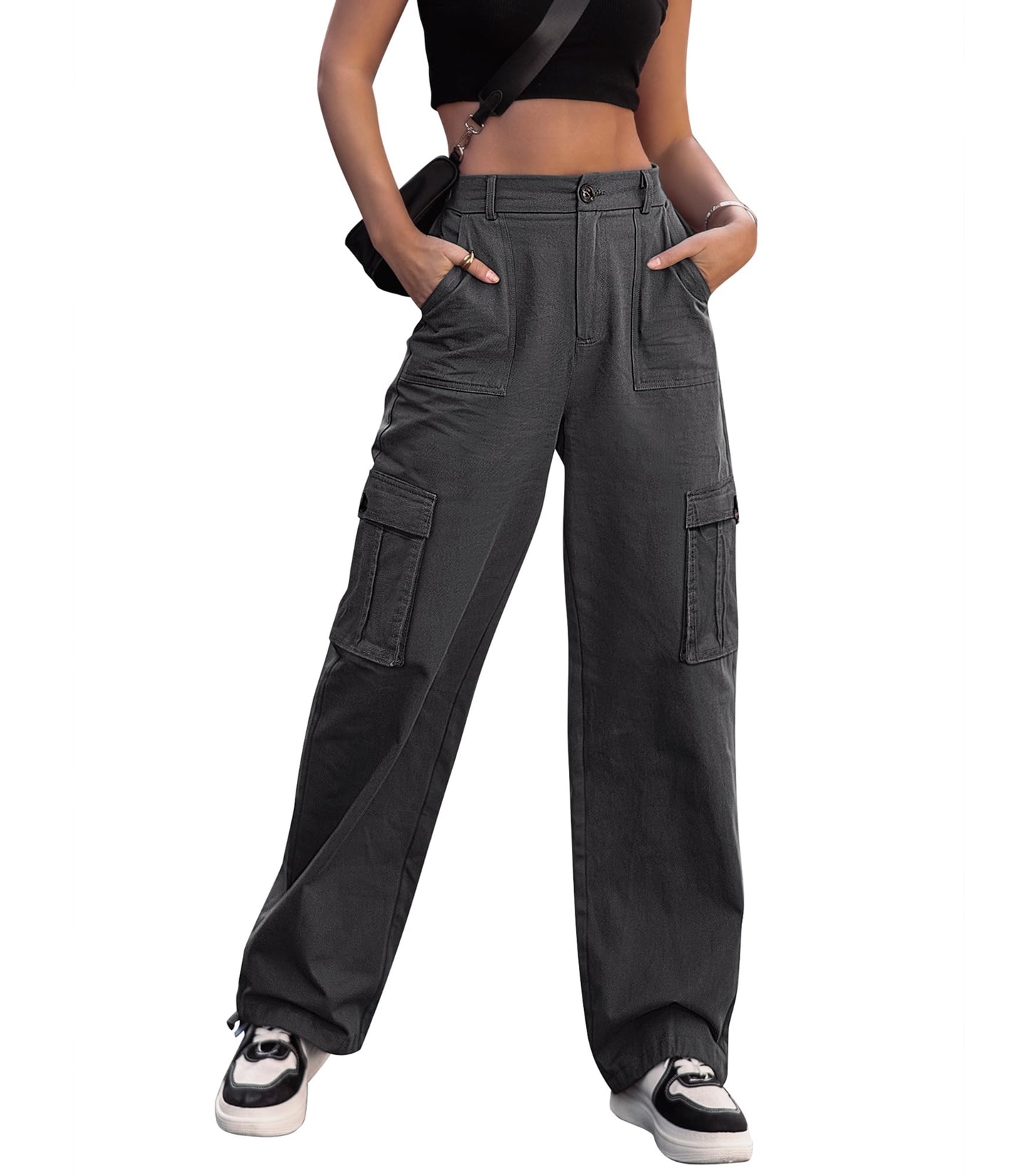 HOGHOW Women High Waisted Cargo Pants Wide Leg Casual Pants 6 Pockets Combat Military Trousers