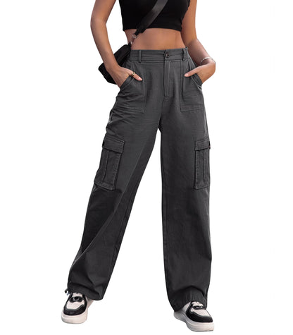 HOGHOW Women High Waisted Cargo Pants Wide Leg Casual Pants 6 Pockets Combat Military Trousers