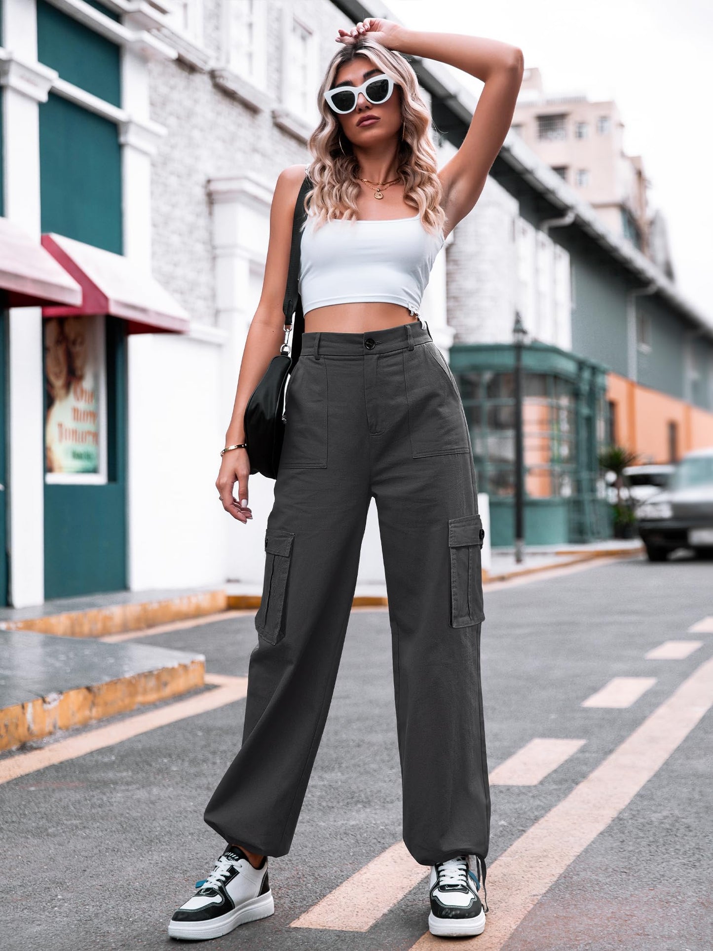 HOGHOW Women High Waisted Cargo Pants Wide Leg Casual Pants 6 Pockets Combat Military Trousers