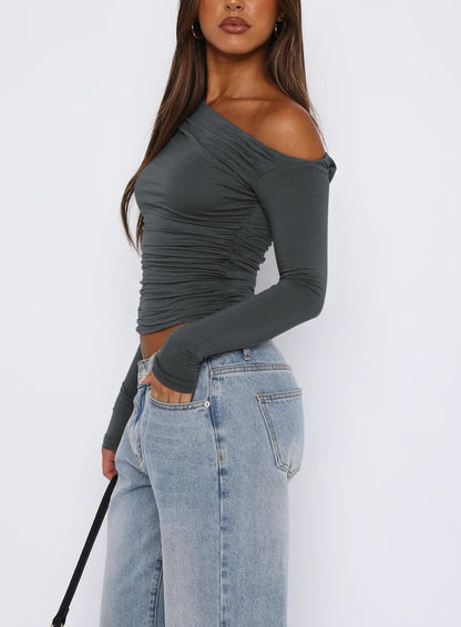 HOGHOW Womens Long Sleeve Off The Shoulder Tops Going Out Crop Tops Casual Y2K Slim Fit T Shirts